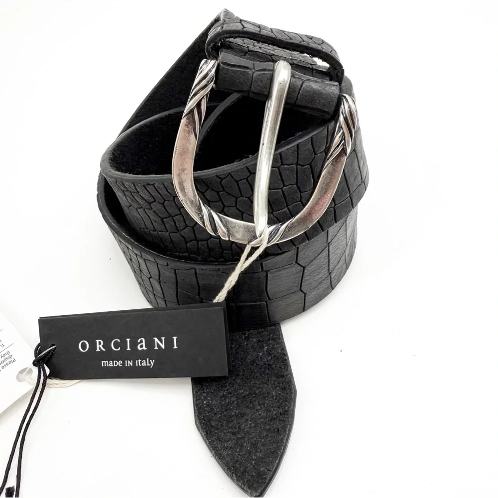 Orciani Handmade Crocodile Emobossed Matte Leather Italian Made Black Belt, XS